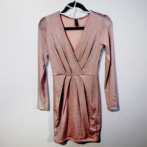 Sparkly Champagne Pink Mini Dress with Long Sleeves